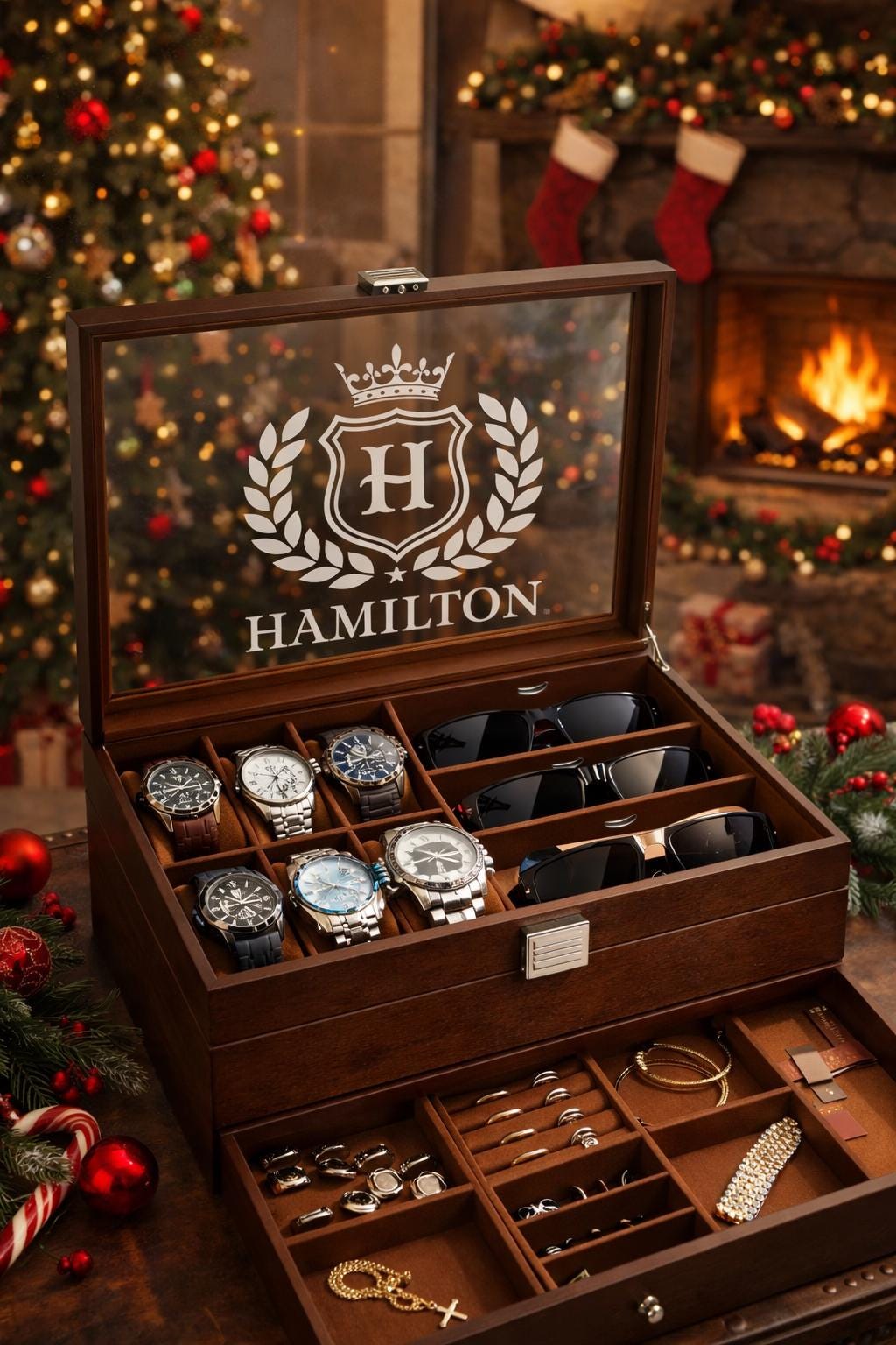 Custom Engraved Watch Sunglass Jewelry Box for Men with Name or Monogram – Wooden Personalized Organizer Gift for Him Husband Dad