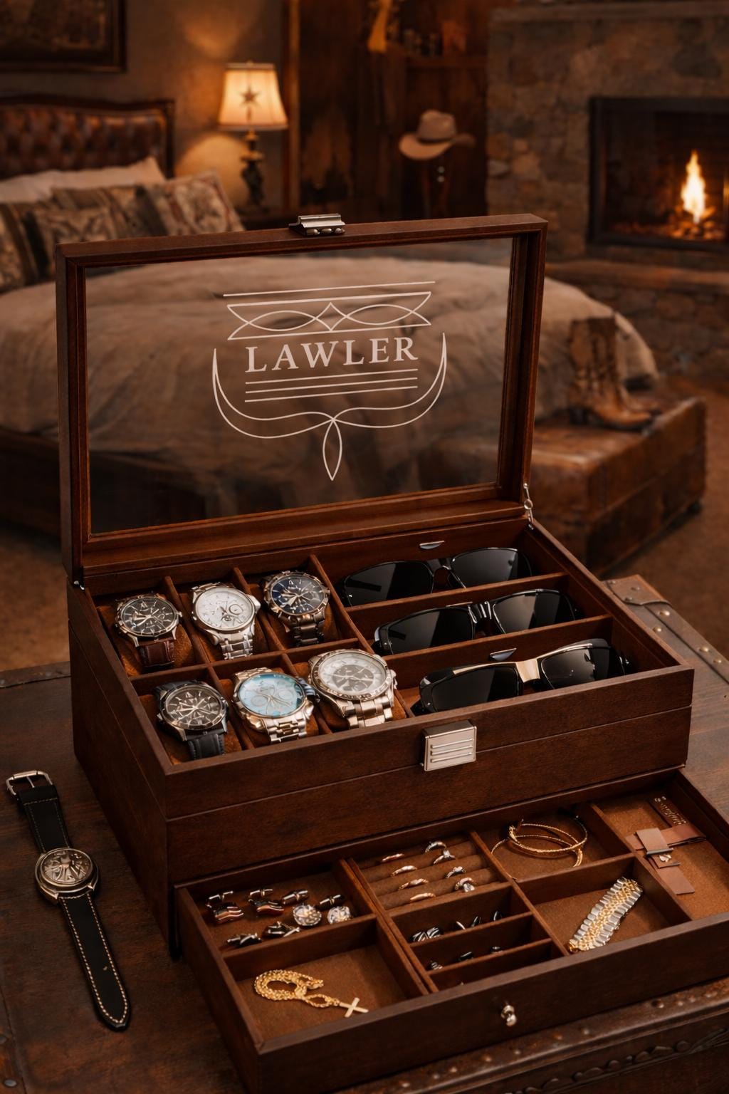 Custom Engraved Watch Sunglass Jewelry Box for Men with Name or Monogram – Wooden Personalized Organizer Gift for Him Husband Dad