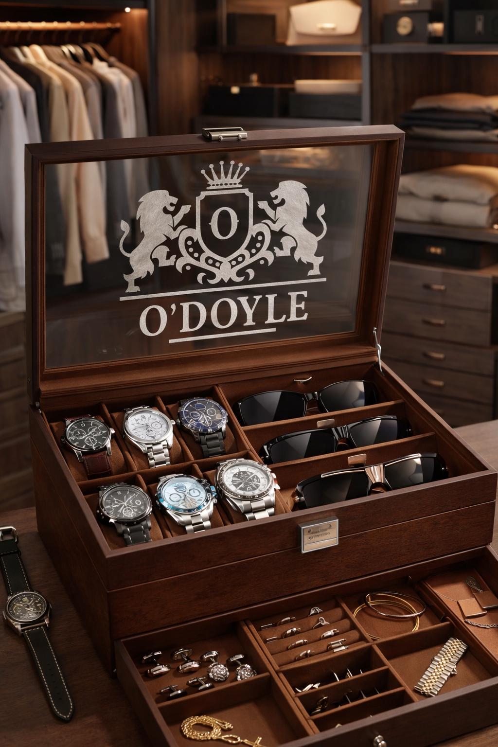 Custom Engraved Watch Sunglass Jewelry Box for Men with Name or Monogram – Wooden Personalized Organizer Gift for Him Husband Dad