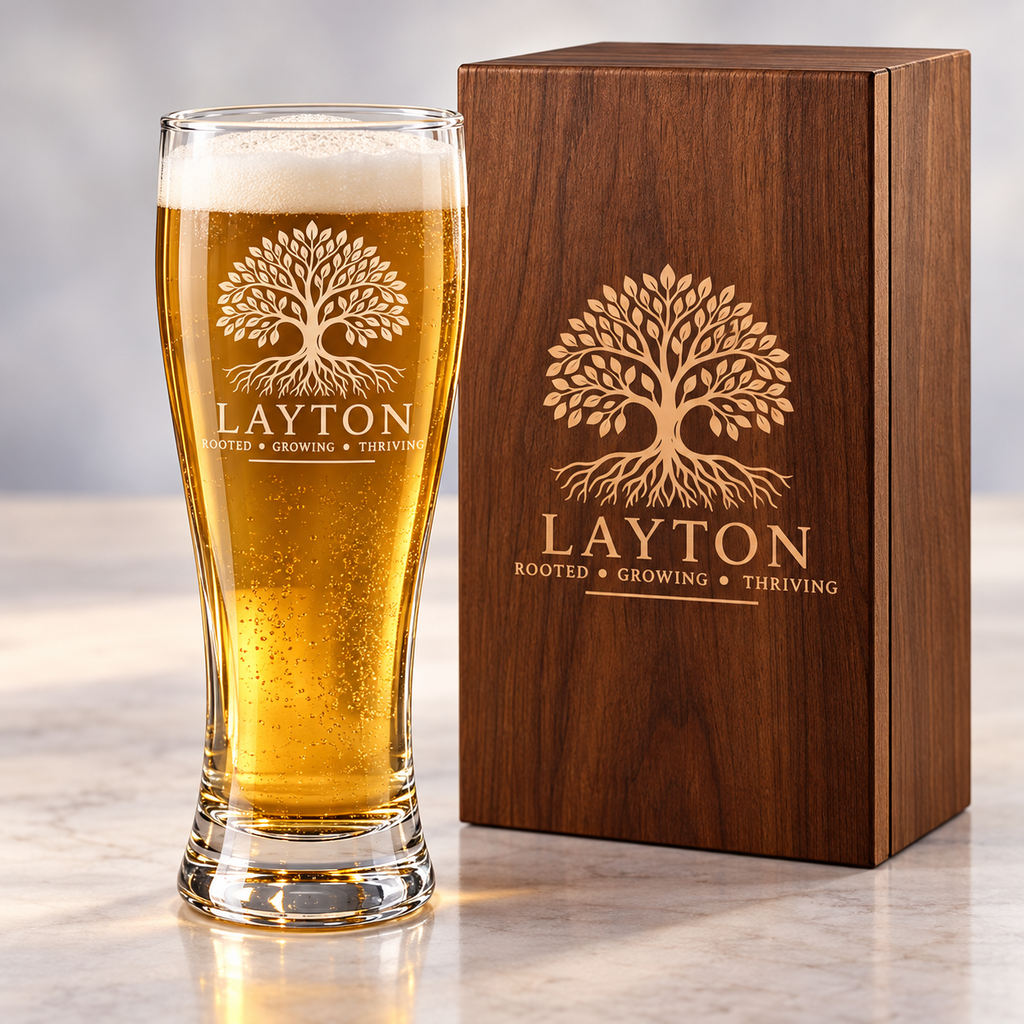 Personalized engraved pilsner glass with matching wooden gift case