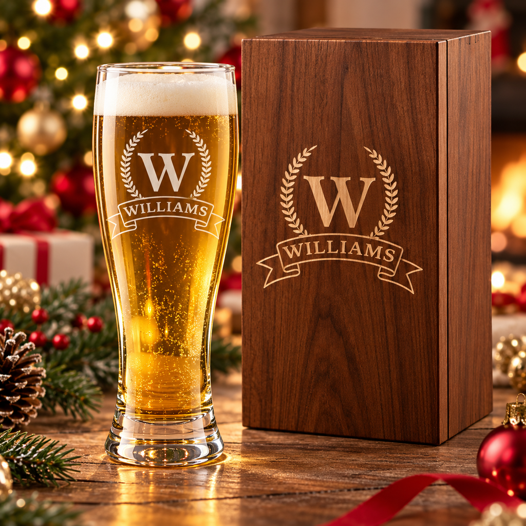 Christmas monogram engraved pilsner glass gift set