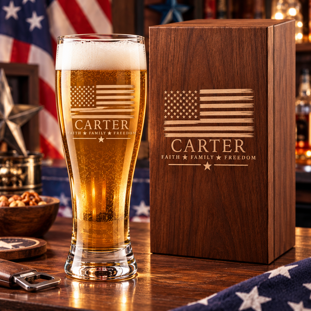 Patriotic engraved pilsner glass and wooden case