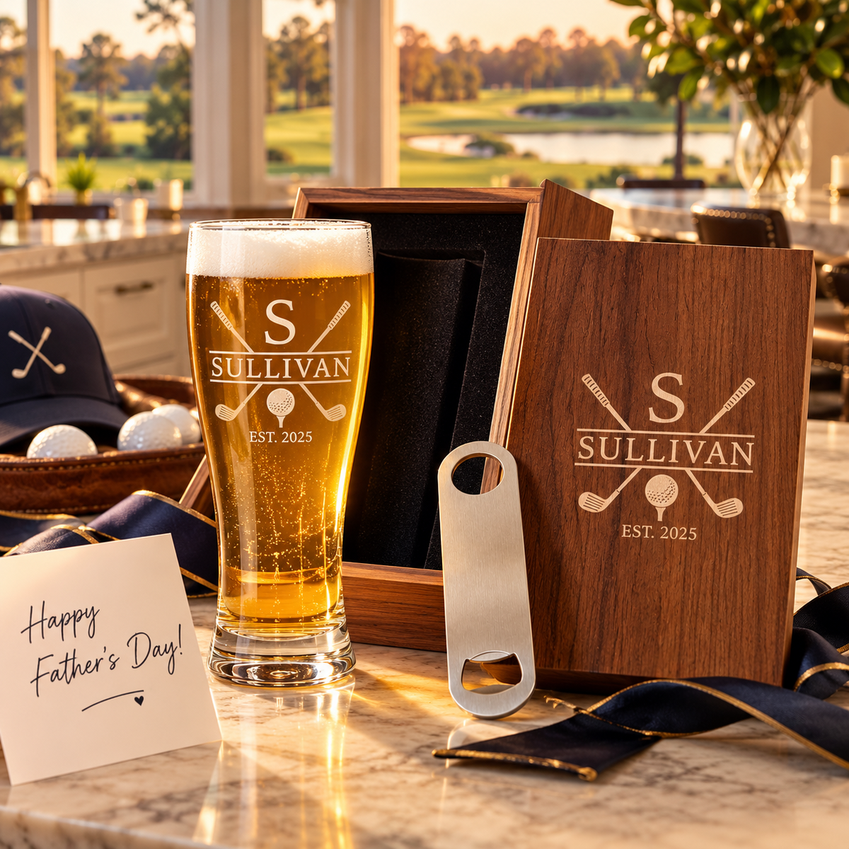 Father's Day engraved pilsner glass, case and opener