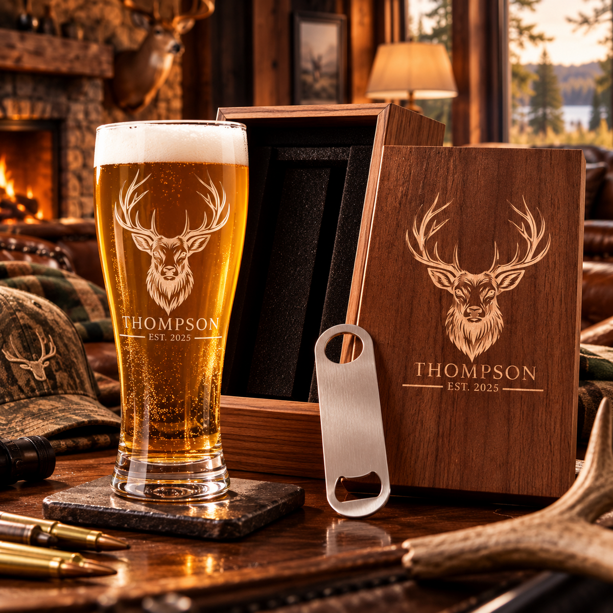 Deer design engraved pilsner glass gift set