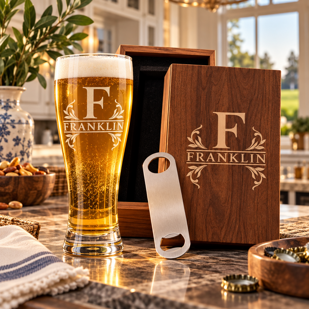 Monogram engraved pilsner glass and gift case