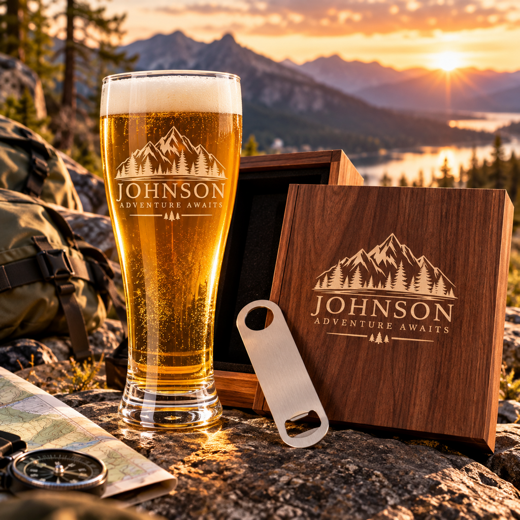 Mountain design engraved pilsner gift set