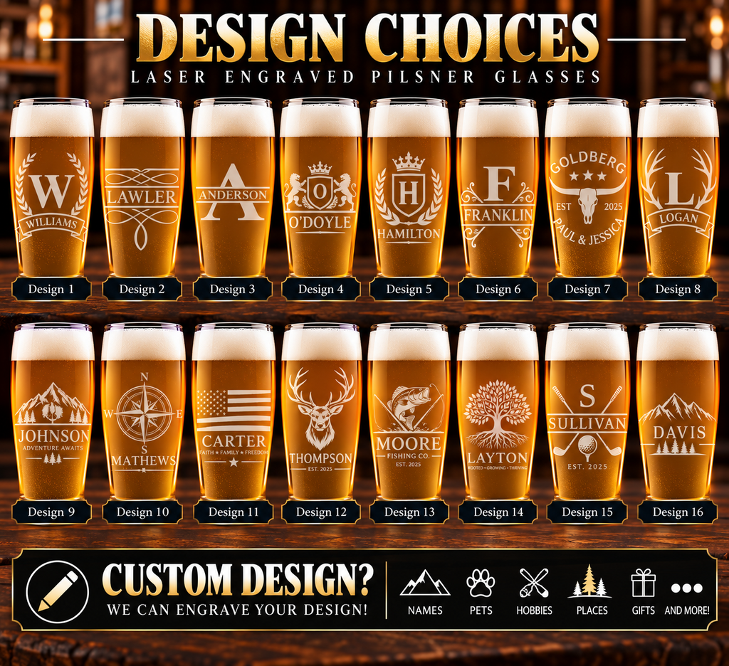 Available engraving designs for pilsner glass gift set